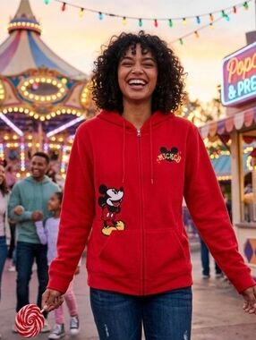 Disney Red Mickey Mouse Zip Up Warm Jacket Size L Large Hoodie Hooded Coat Top